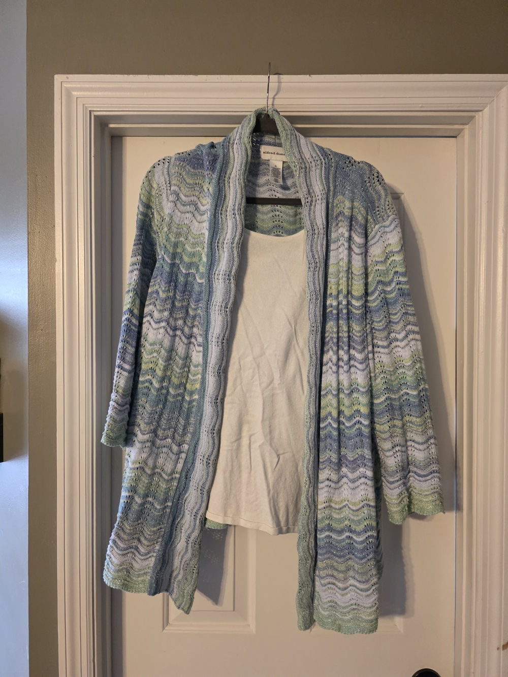 Alfred Dunner Pastel Blue & Green Wave Knit Open Cardigan